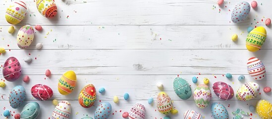 Naklejka premium Colorful Easter banner featuring a double Easter Egg side border displayed on a white wood background. Viewed from above with room for adding text.
