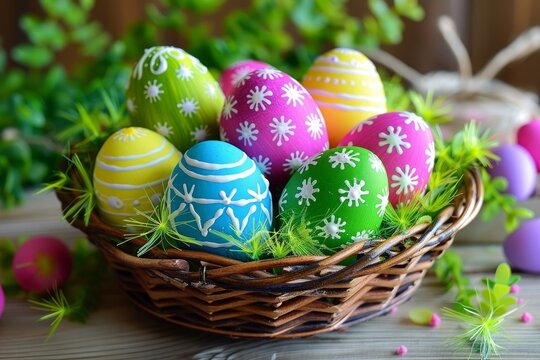 Decorated easter eggs in a basket with colorful happy colors