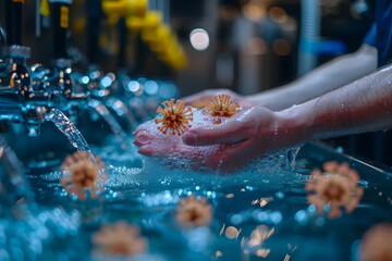 Close-up of virus particles being washed off hands with soap and water. Health and safety concept for hygiene practices, infection control, and preventive measures with detailed visualization - obrazy, fototapety, plakaty