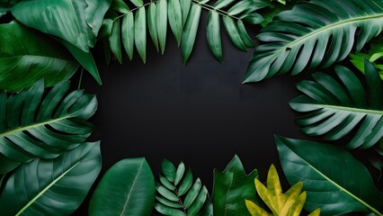 Tropical leaves foliage jungle plant bush against black background, framed