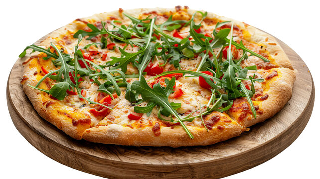 Homemade Vegetarian Pizza with Fresh Arugula and Mozzarella Cheese on Wooden Table - Delicious Italian Cuisine for Healthy Meals and Gourmet Snacks on Transparent Background