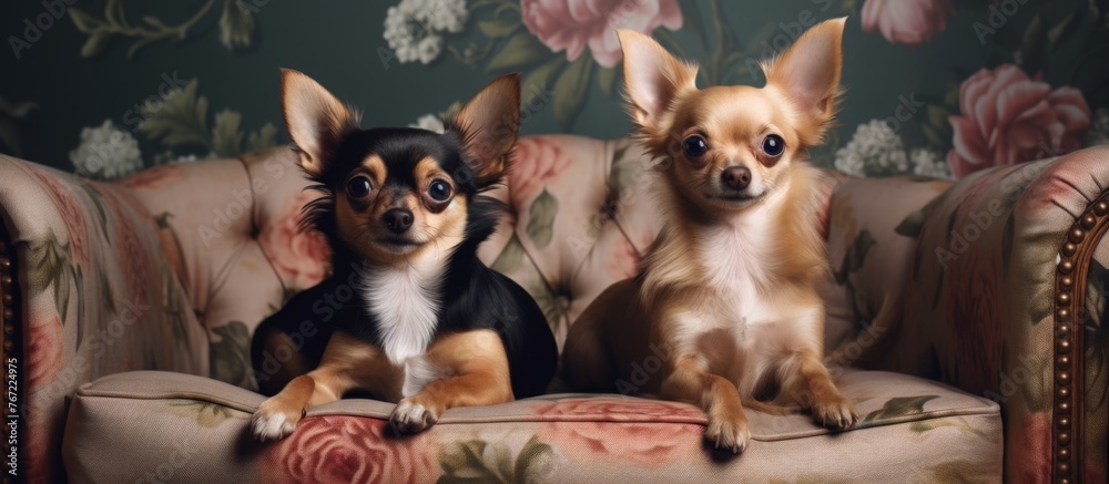 Wall mural Two small Toy dogs, Chihuahua breed, with fawn fur are sitting on a couch. Their ears are perked up as they rest comfortably as Companion dogs