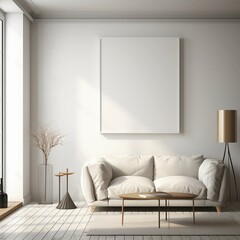 Bright Living Room With White Couch and Coffee Table. 