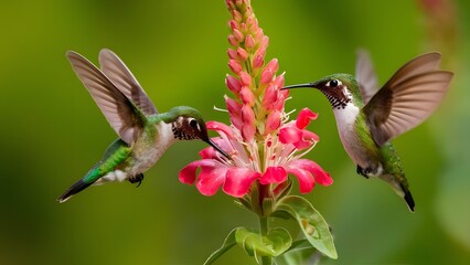 Fototapeta premium Two hummingbirds feeding on pink flower with green yellow background