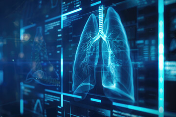 Human lung anatomy with X-ray images and scientific data. Digital healthcare, research and medical technology concept