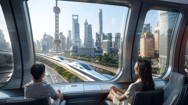 Chinese family riding a high-speed train View of the big city, modern skyscrapers