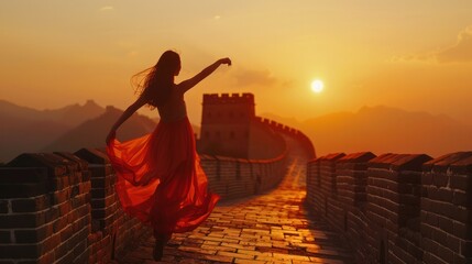 Chinese girl dancing On the Great Wall of China, the golden sky in the evening  - obrazy, fototapety, plakaty