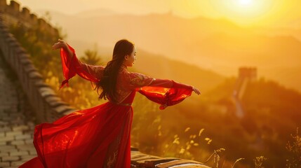 Chinese girl dancing On the Great Wall of China, the golden sky in the evening - obrazy, fototapety, plakaty