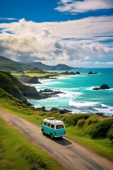 BB Travel: Adventure Begins on Scenic Coastal Road with Vintage Camper Van under Stunning Skies