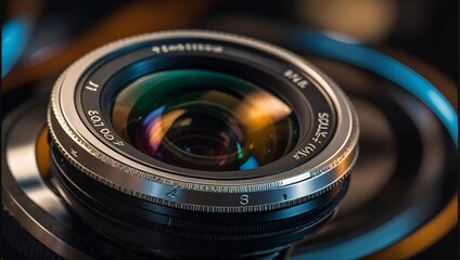 Camera lens with lens reflections. Media and technology concept background. Macro shot.