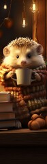 A hedgehog in a knitted sweater curls up with a cup of cocoa by a fireside, reading a mystery novel