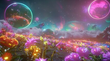 Fantasy space: colorful planets Floating above a field of glowing flowers State-of-the-art spaceship Aliens in neon suits Represents limitless imagination  - obrazy, fototapety, plakaty