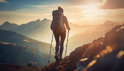 Rear view woman hiker with backpack climbing mountains and reaching the top. Conceptual scene with a female hiking and overcoming obstacles as ascends the rocky peaks. Leader success and achievement - obrazy, fototapety, plakaty