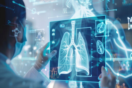 Medicine doctor with electronic medical record of human lungs anatomy with X-ray images. Digital healthcare, research and medical technology concept