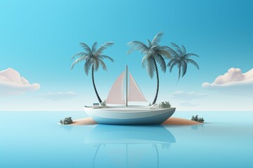 Card template with coconut tree on little island and cute boat on blue background for cute and travel design