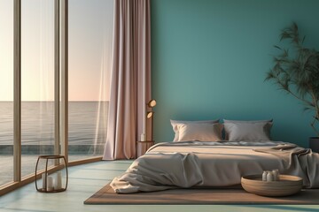 Soft bed in modern bedroom with pool view background for comfort and relax design
