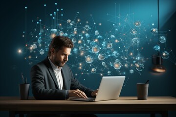 closeup man working on laptop with basic physics and mathematics formulas