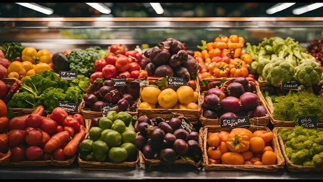 Bright multicolored autumn vegetables on the counter in a store or market. Seasonal harvest. Fresh organic Vegetables and fruits on shelf in supermarket, farmers market. Healthy food market concept