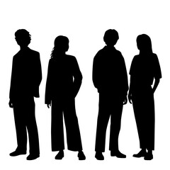 Vector silhouettes of  men and a women, a group of standing   business people, profile, black  color isolated on white background