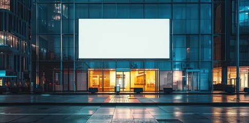 Blank white advertising billboard on a office building wall at night, mockup. - obrazy, fototapety, plakaty