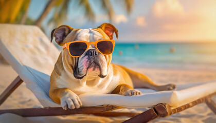 Carefree bulldog wearing sunglasses laying like a boss on the sunbed at tropical beach. Summer holiday for pets with a dog resting at the sea resort - obrazy, fototapety, plakaty