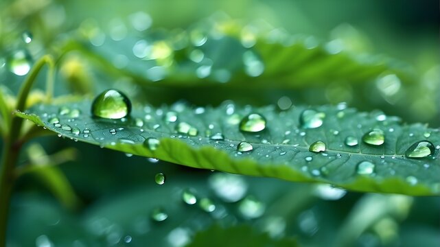 Huge water droplets mirror their surroundings. Raindrops on a plant leaf in springtime nature picture. Bokeh-style background image in shades of green and turquoise.