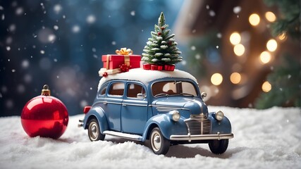 A toy car pulling a Christmas tree and gifts through the snow in a winter park serves as a Christmas décor.