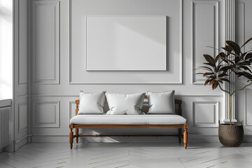 In the living room, which is all white, a white frame is displayed on the wall above the sofa. Mockup concept.