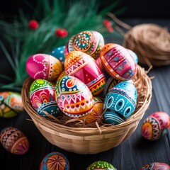 Fototapeta premium Decorated easter eggs in a basket with colorful happy colors