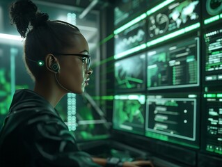 A woman is sitting in front of a computer monitor with a green screen. She is wearing glasses and has a ponytail. The woman is focused on the computer screen