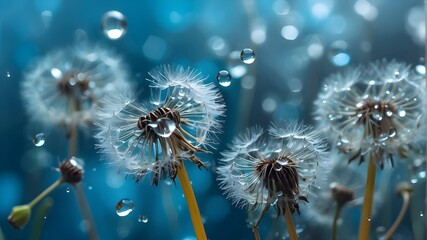 Dandelion seeds in water droplets on a stunning background of blue and turquoise, macro shot of nature with gentle focus. Dandelions shimmer with droplets of dew.