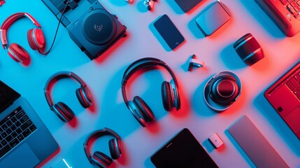 A flat lay of various tech gadgets, including headphones and laptops, arranged in an artistic composition with a gradient background from blue to red The items should be placed at different angles for