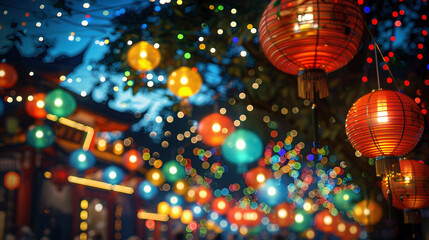 Obraz premium Vibrant Festive Lanterns Illuminating Night Sky