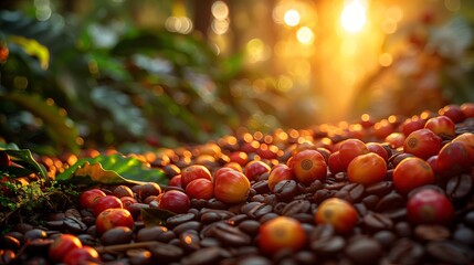 Golden Sunrise Over Coffee Plantation with Ripe Cherries and Beans - obrazy, fototapety, plakaty