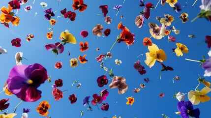 thrown pansies into the air, bright blue sky, summer vibes