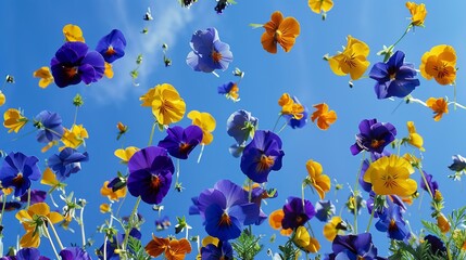 thrown pansies into the air, bright blue sky, summer vibes