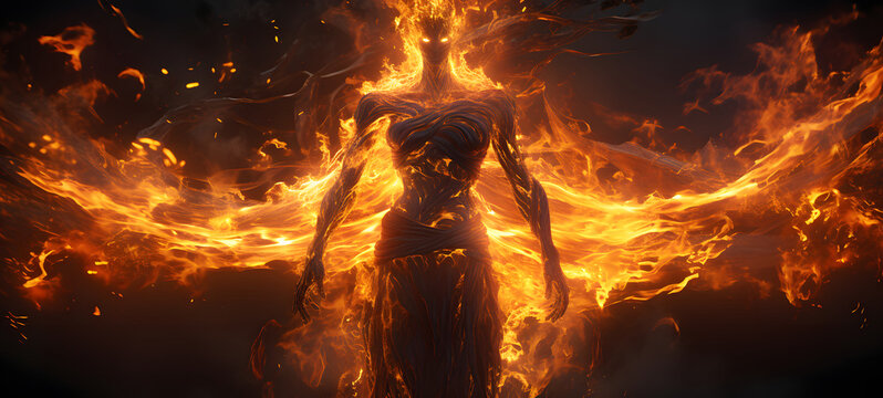 anthropomorphic fire elemental energy in human, ai generative