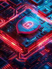 A futuristic digital security icon with an illuminated shield and lock on top of circuit board, surrounded by network devices and computer chips in isometric view The background features neon red ligh