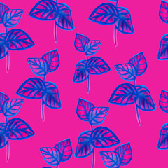 seamless pattern exotic leaves in pink and blue colors on a pink background