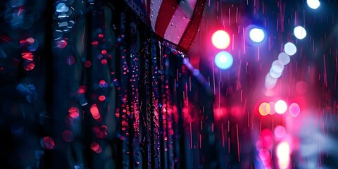 Rainsoaked crime scene with police lights and an American flag draped over a fence. Concept Crime Scene Photography, Police Investigation, Rainy Night, American Flag, Law Enforcement