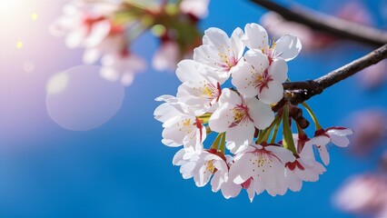 White spring cherry blossom on blue background, bokeh sunlight