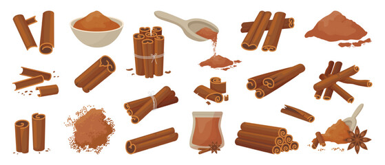Cinnamon spices in sticks and powder. Culinary elements, cinnamons in bowls, spoon and drinks. Organic fresh elements, neoteric vector clipart