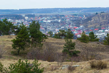 Wide valley with groups of trees. View from top of mountain