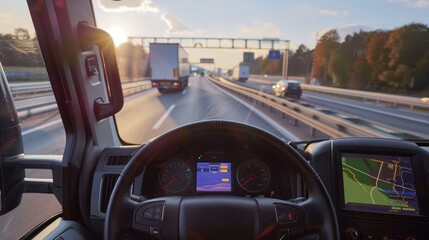  truck equipped with a GPS system is navigating the highway. 