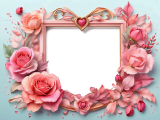Fototapeta na wymiar Elegant square frame with a cascade of pink roses and gold heart embellishments on a serene blue backdrop.