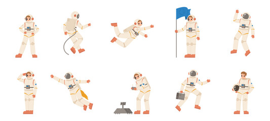 Cartoon astronauts. Cosmonauts wear space suit, holding flag and working with robot. Funny spaceman characters in helmets, snugly vector set - 767229190