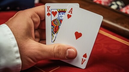 White-gloved hand revealing king and ace of hearts poker cards