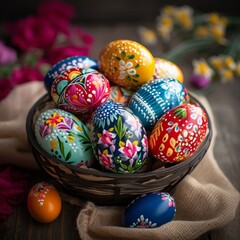 Fototapeta premium Decorated easter eggs in a basket with colorful happy colors