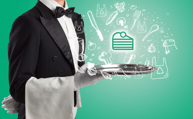 Waiter holding silver tray with food icons above - 767229717