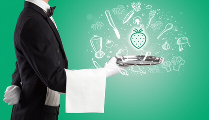Waiter holding silver tray with food icons above - 767229935
